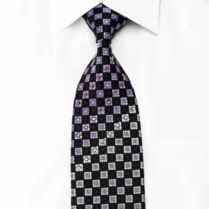 Indian Homme Men's Crystal Rhinestone Silk Necktie Silver Purple Checkered On Black With Sparkles