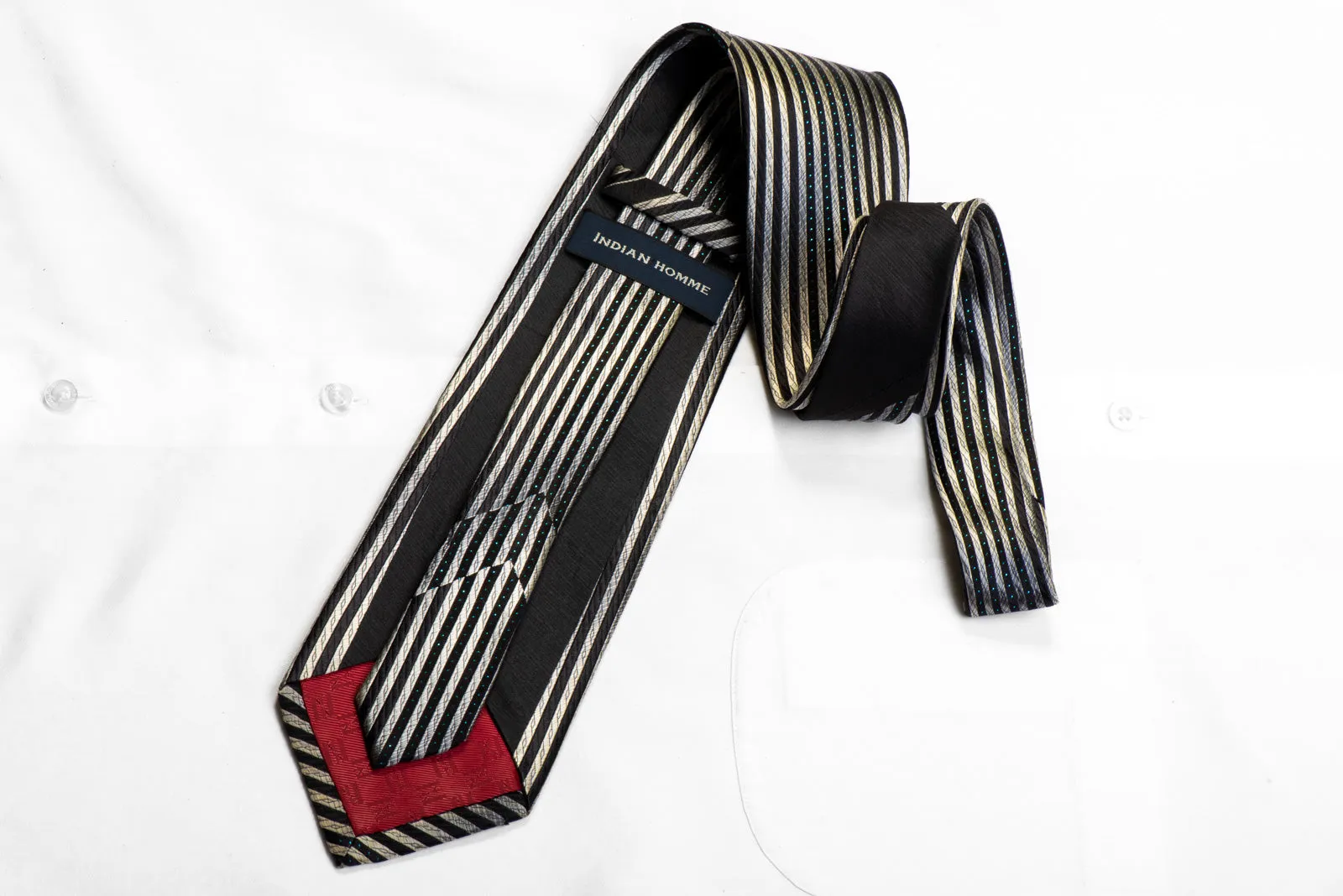 Indian Homme Rhinestone Silk Tie Navy Vertical Striped On Silver With Sparkles