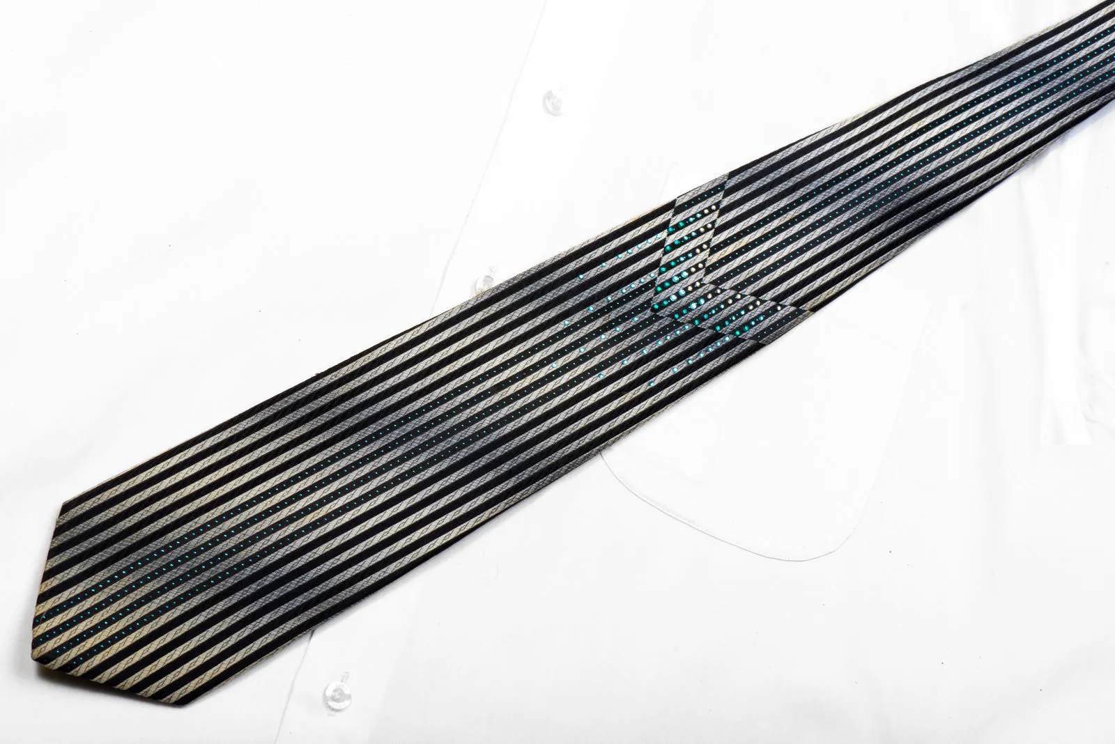 Indian Homme Rhinestone Silk Tie Navy Vertical Striped On Silver With Sparkles