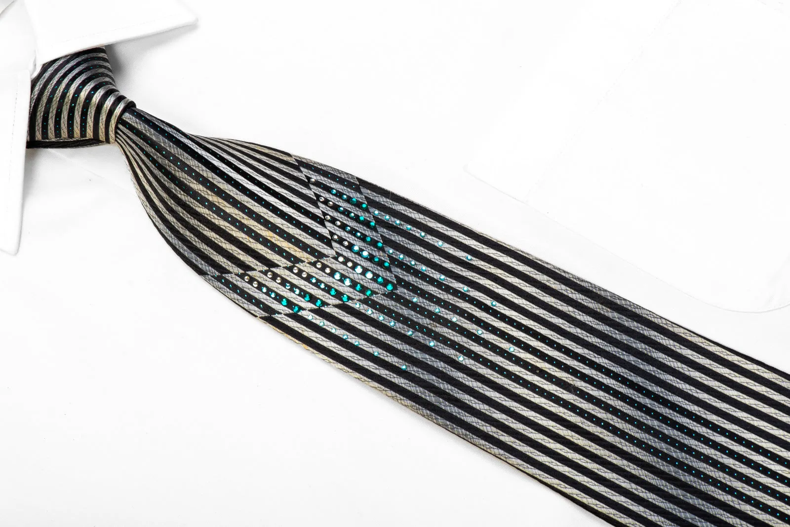 Indian Homme Rhinestone Silk Tie Navy Vertical Striped On Silver With Sparkles