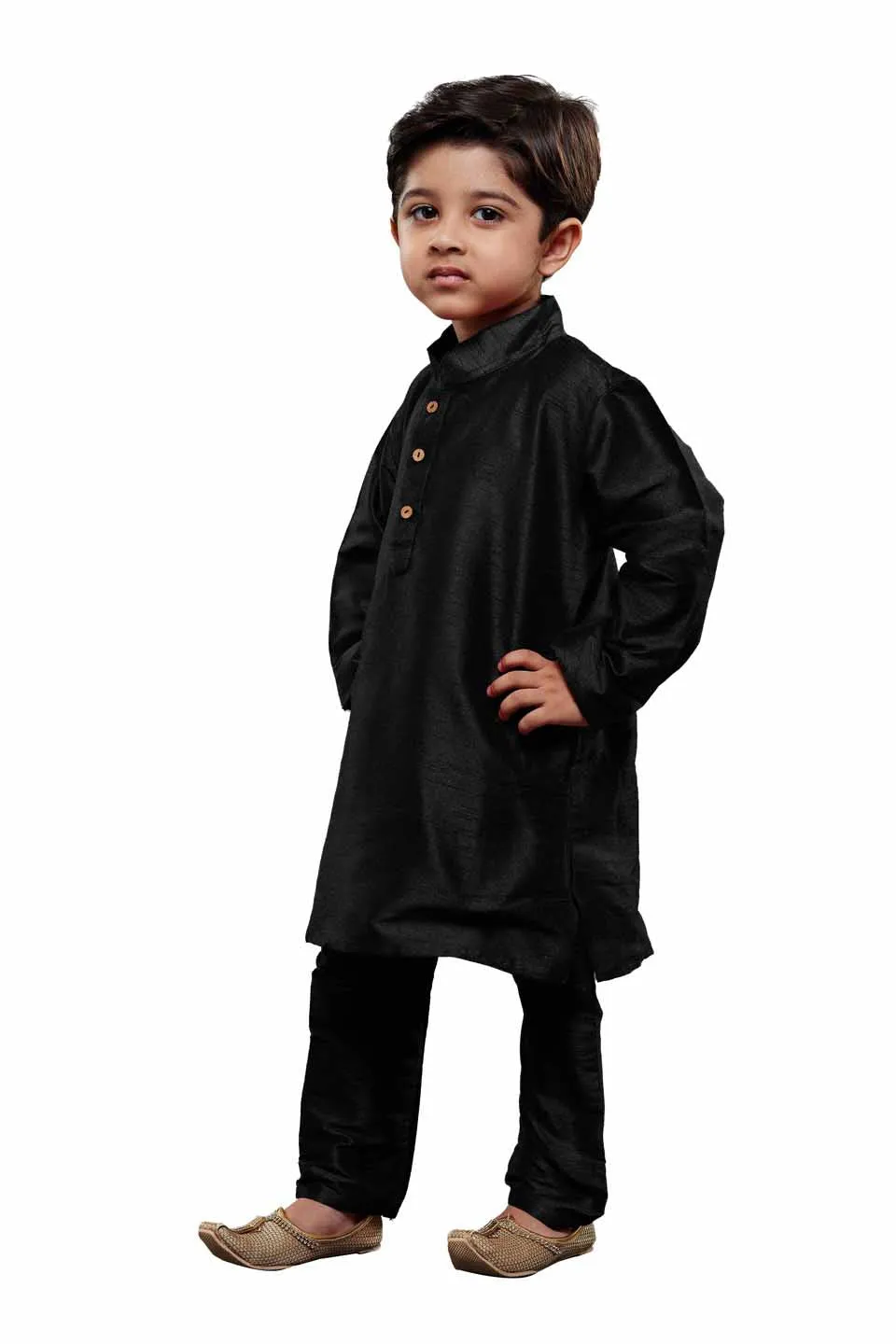 Jashvi Boys Black Silk Kurta with Pajama Set