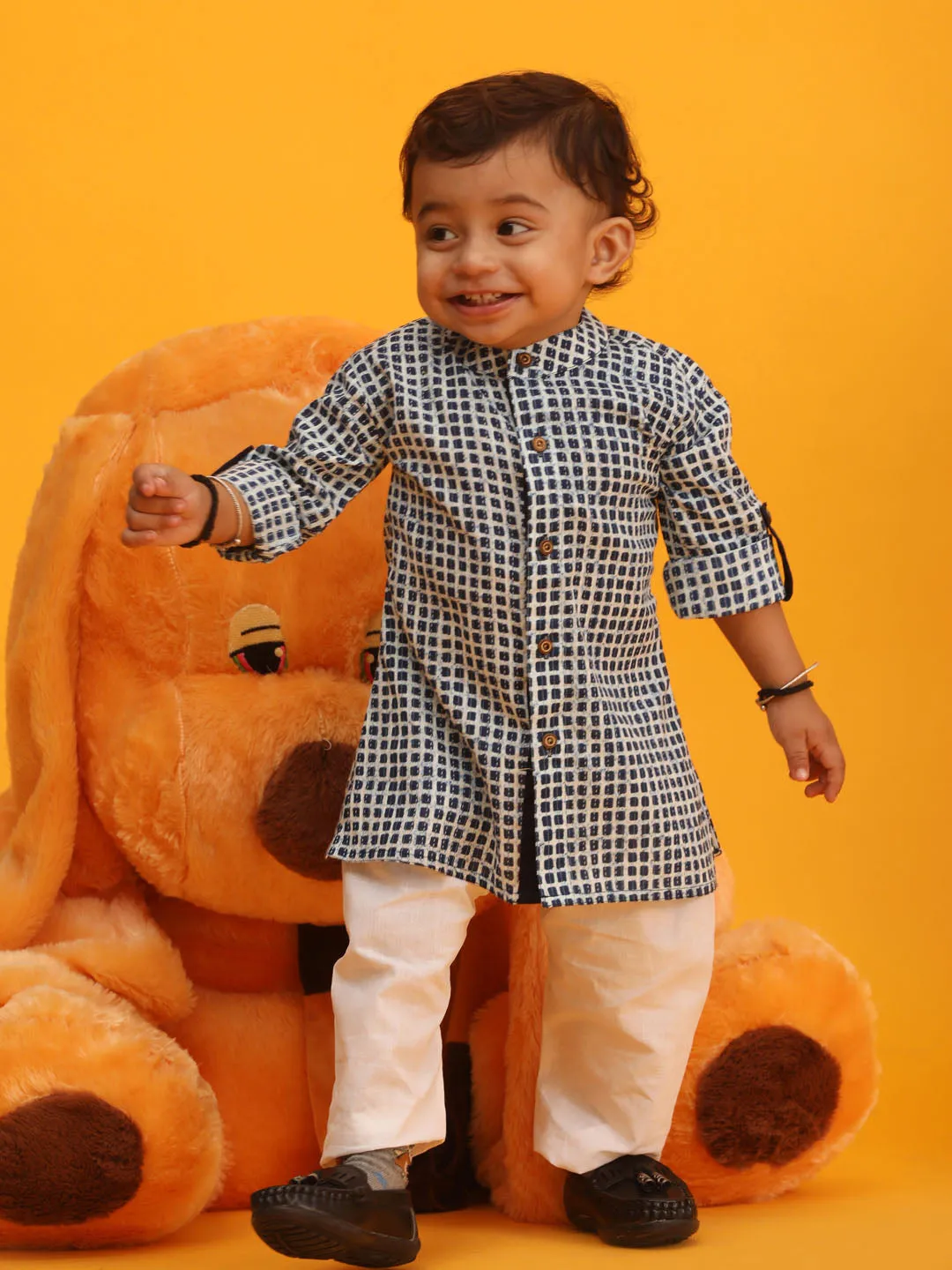 Jashvi SISHU Boy's Blue and White Printed Cotton Kurta Pyjama Set