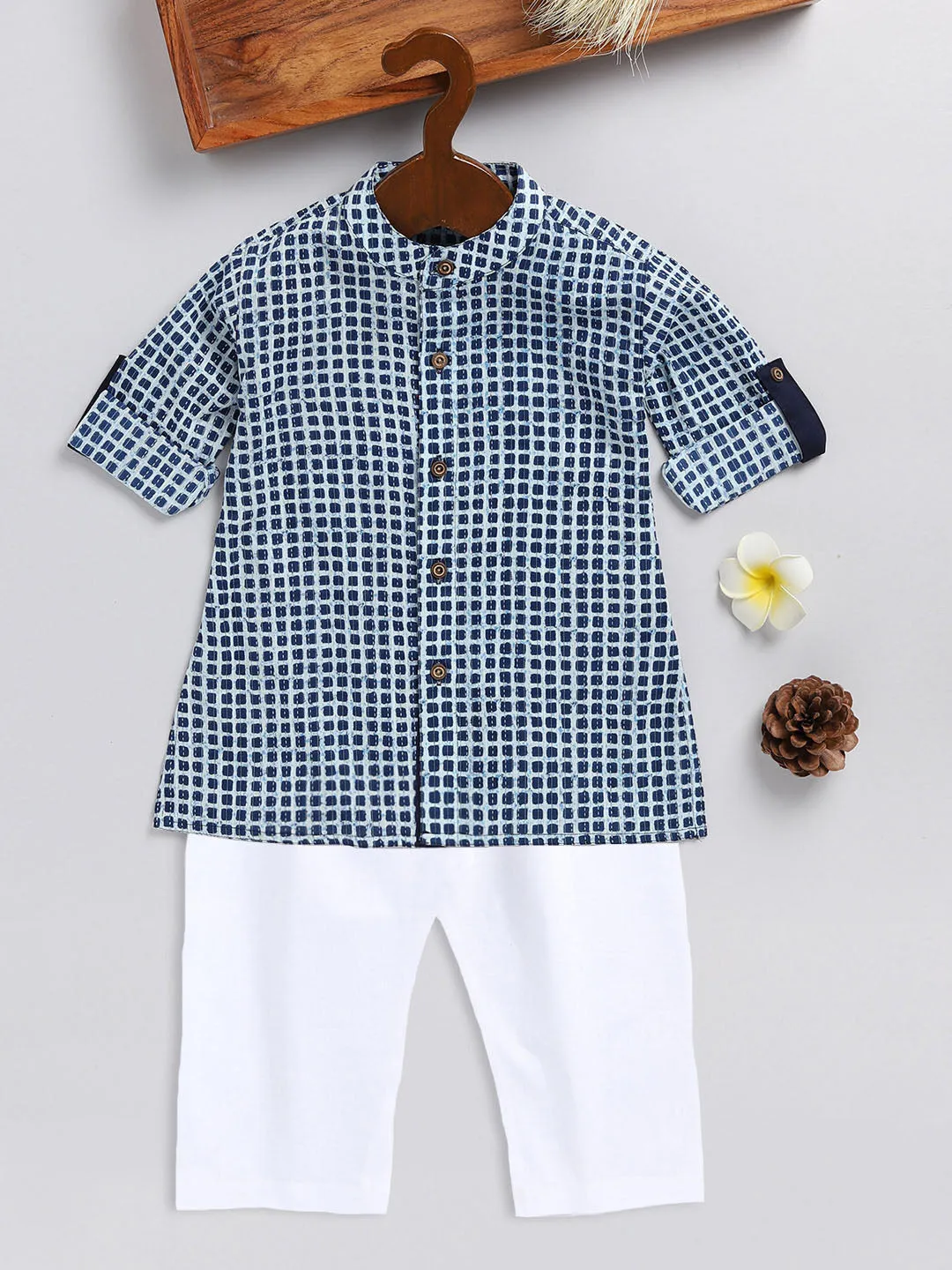 Jashvi SISHU Boy's Blue and White Printed Cotton Kurta Pyjama Set