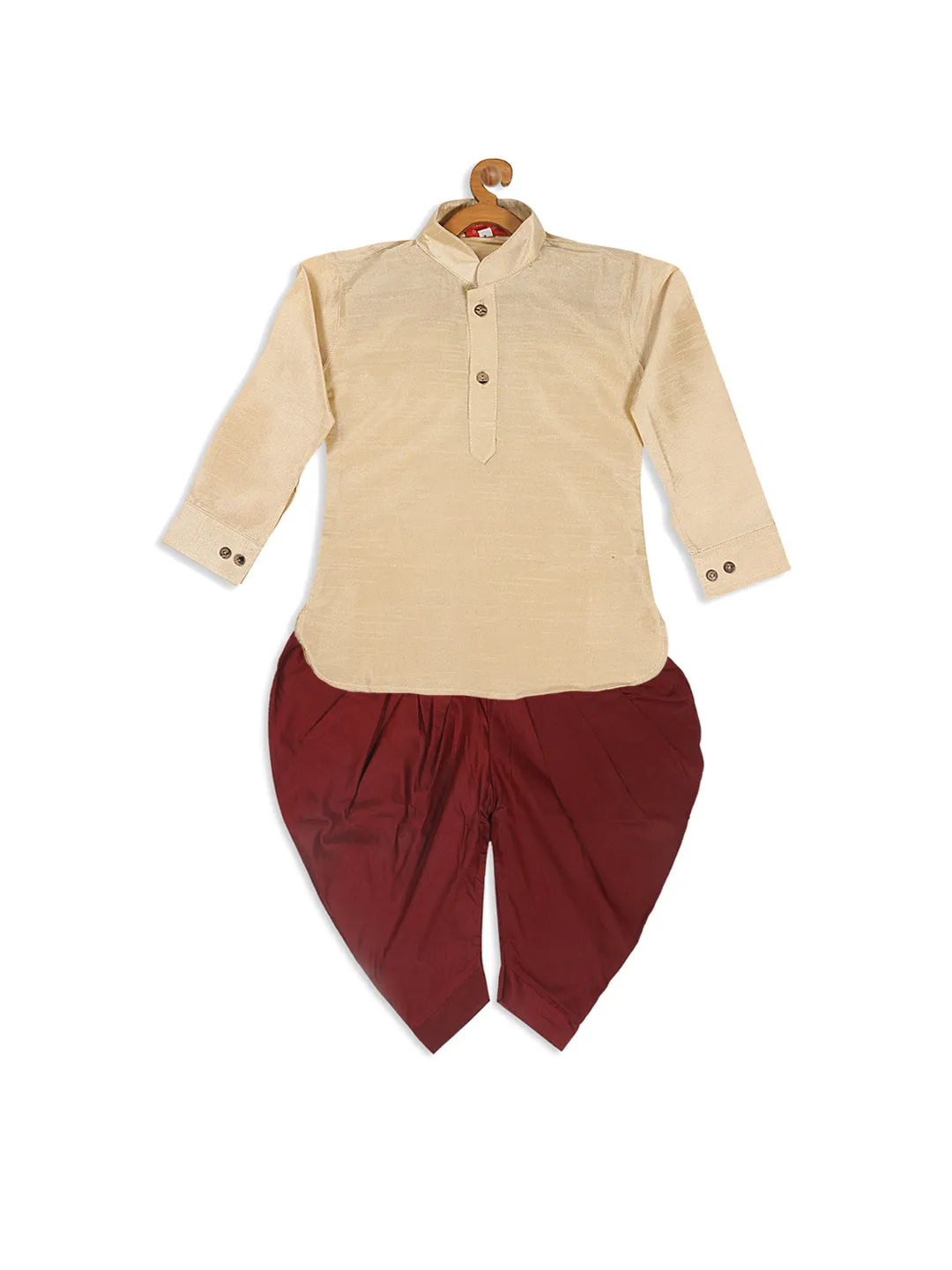 Jashvi SISHU Boy's Gold Kurta And Maroon Cowl Dhoti Set