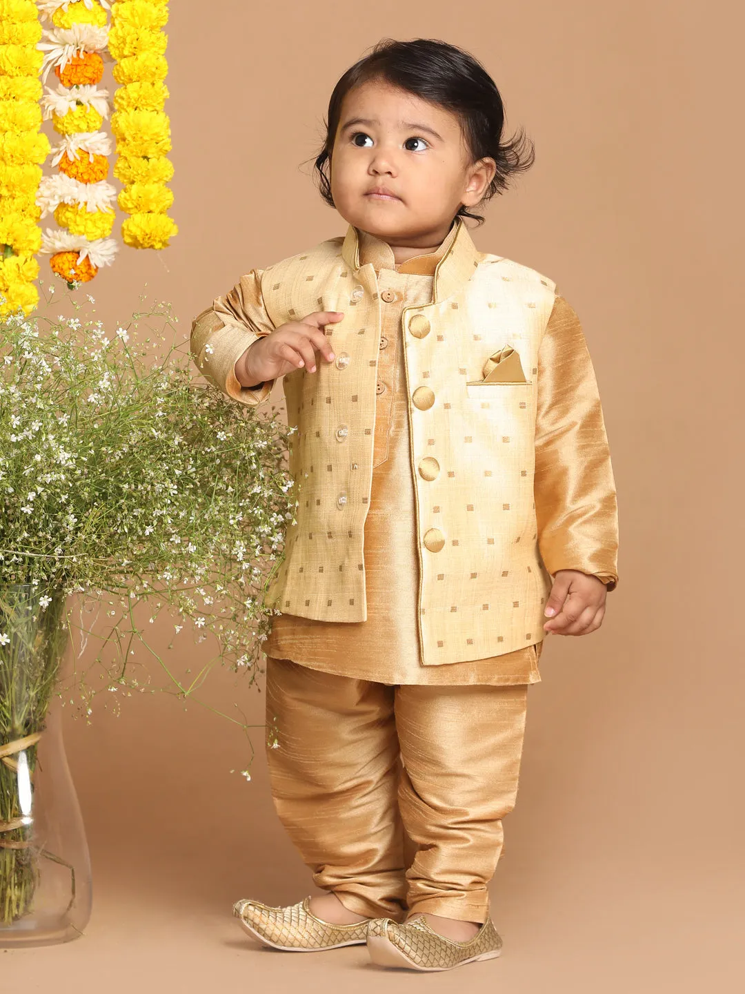 Jashvi SISHU Boy's Rose Gold Kurta And Pajama With Gold Jacket