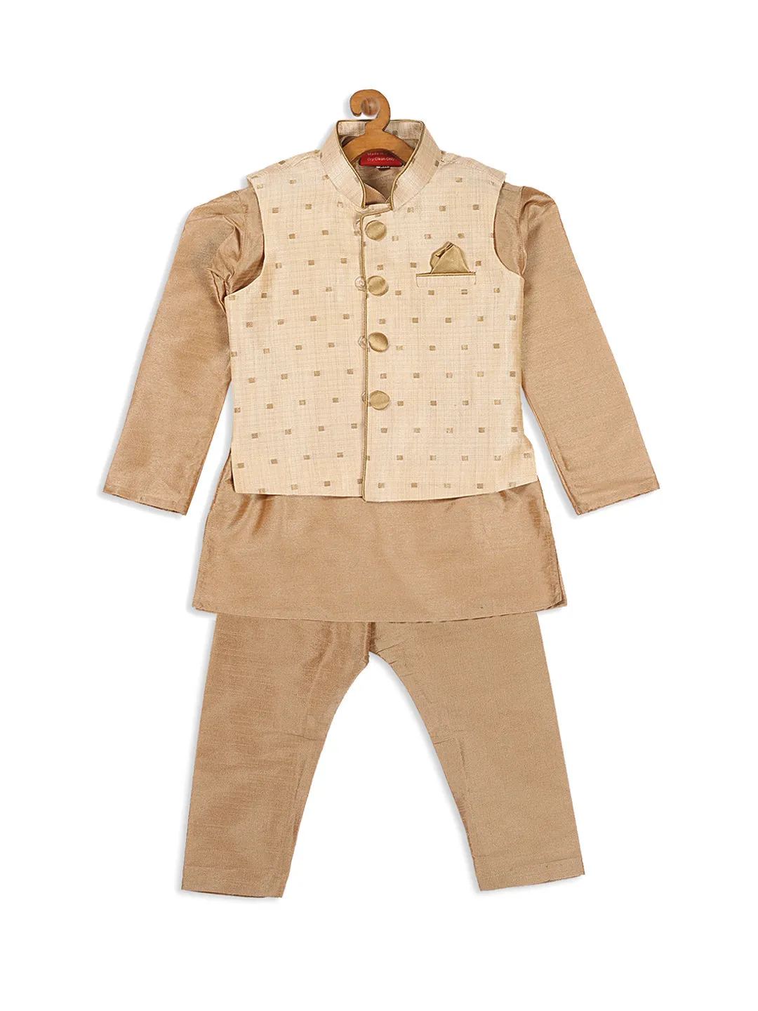 Jashvi SISHU Boy's Rose Gold Kurta And Pajama With Gold Jacket