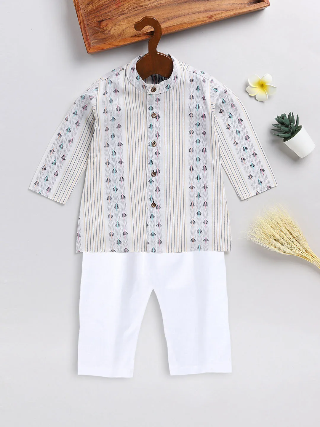 Jashvi SISHU Boy's White Woven Design Cotton Kurta Pyjama Set