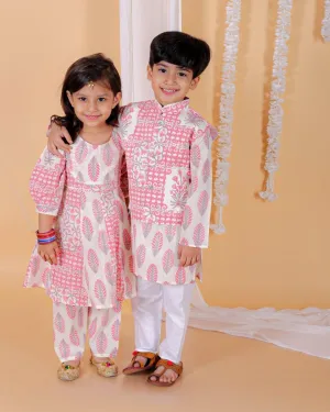 Kids Ethnic Set-Gulaal Floral Print Girls Anarkali Kurta Set With Boys Jacket Kurta Pajama Set