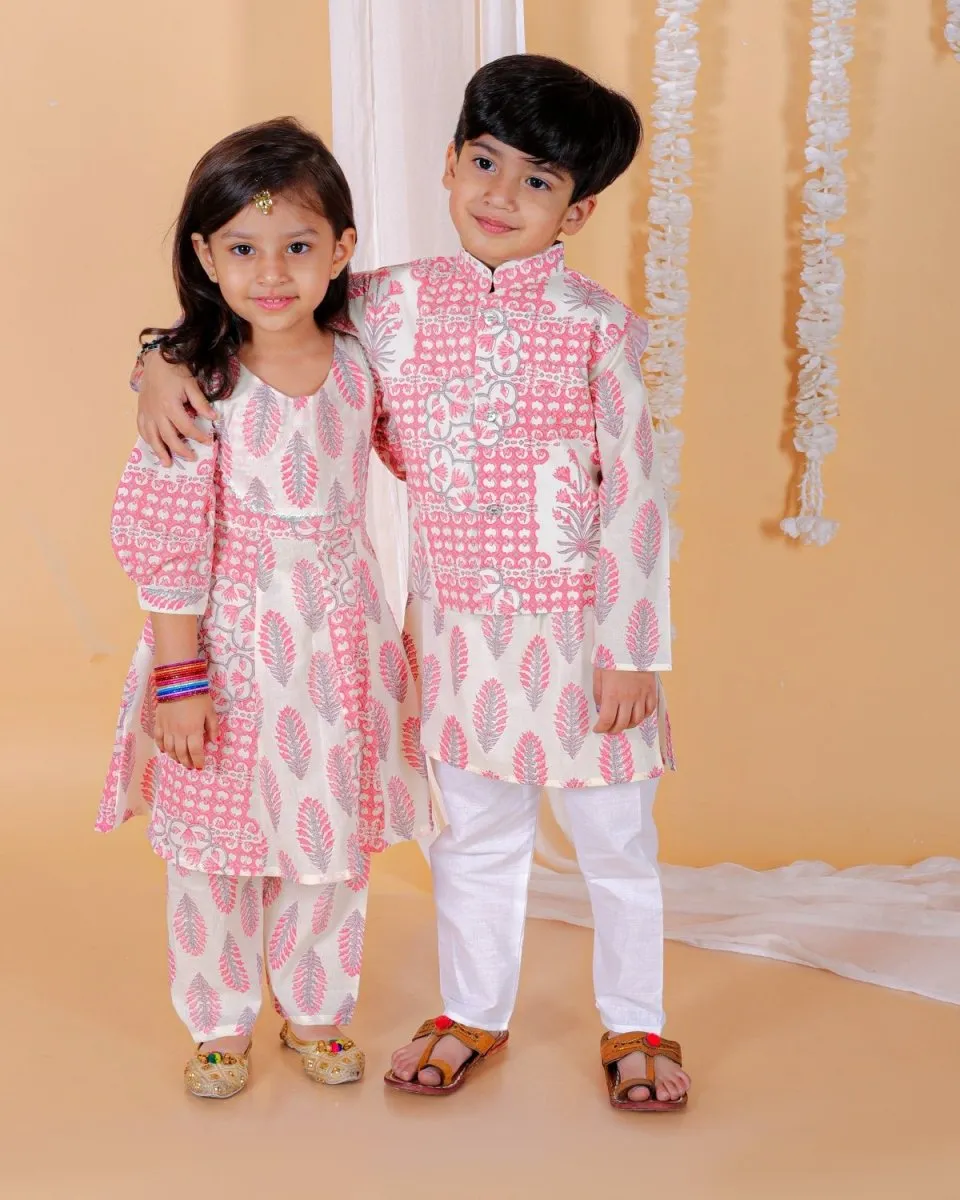 Kids Ethnic Set-Gulaal Floral Print Girls Anarkali Kurta Set With Boys Jacket Kurta Pajama Set