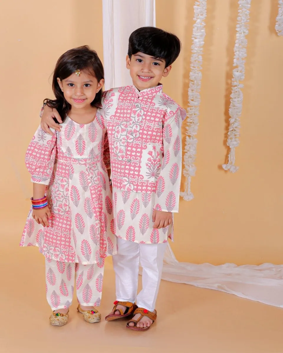 Kids Ethnic Set-Gulaal Floral Print Girls Anarkali Kurta Set With Boys Jacket Kurta Pajama Set
