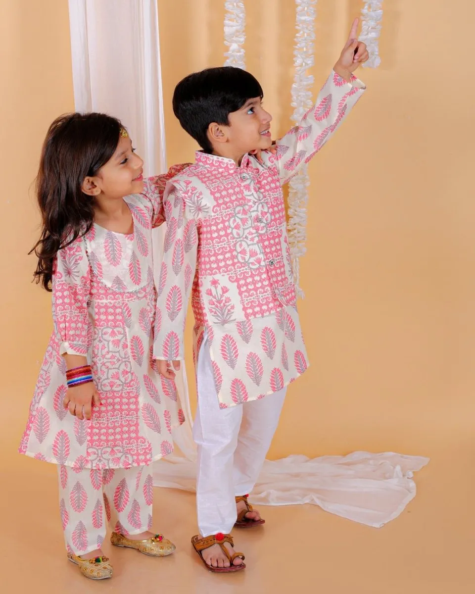Kids Ethnic Set-Gulaal Floral Print Girls Anarkali Kurta Set With Boys Jacket Kurta Pajama Set