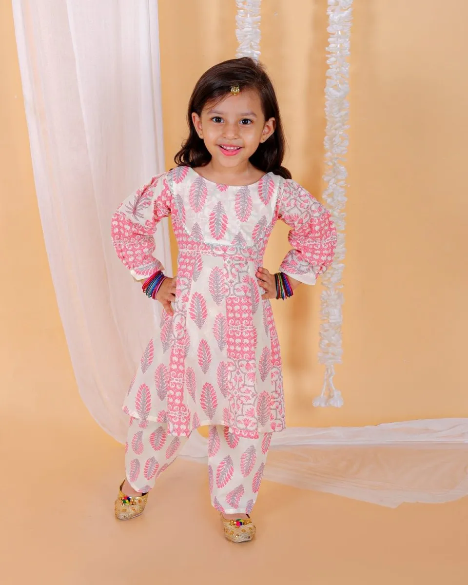 Kids Ethnic Set-Gulaal Floral Print Girls Anarkali Kurta Set With Boys Jacket Kurta Pajama Set