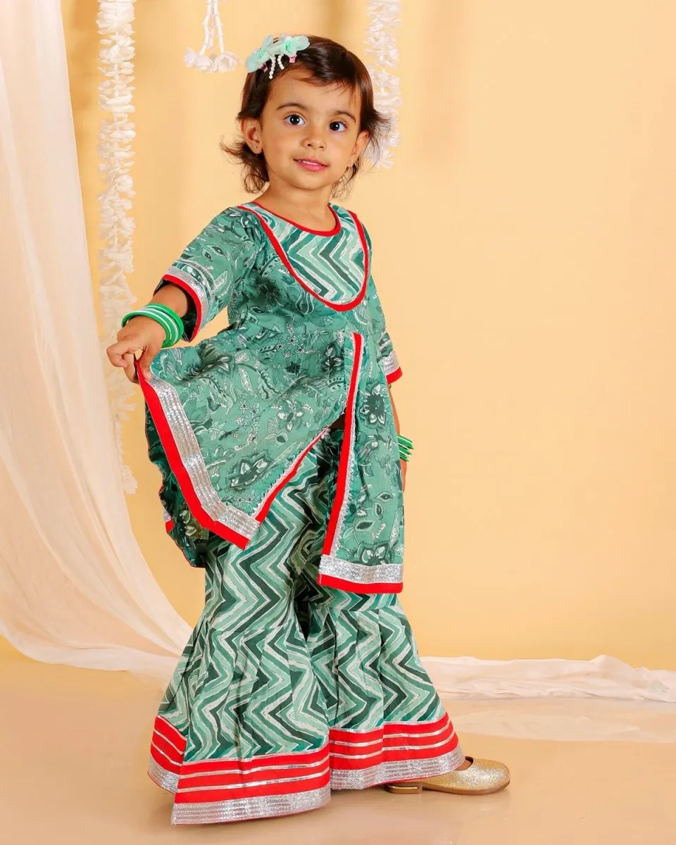 Kids Ethnic Set- Viridian Green Girls Anarkali Sharara Set with Boys Kurta Pajama Set