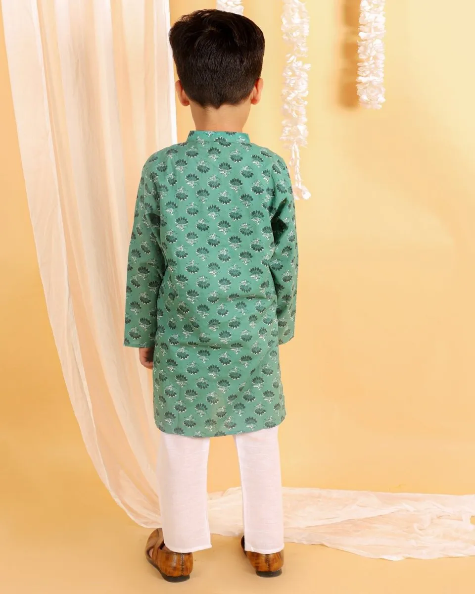 Kids Ethnic Set- Viridian Green Girls Anarkali Sharara Set with Boys Kurta Pajama Set