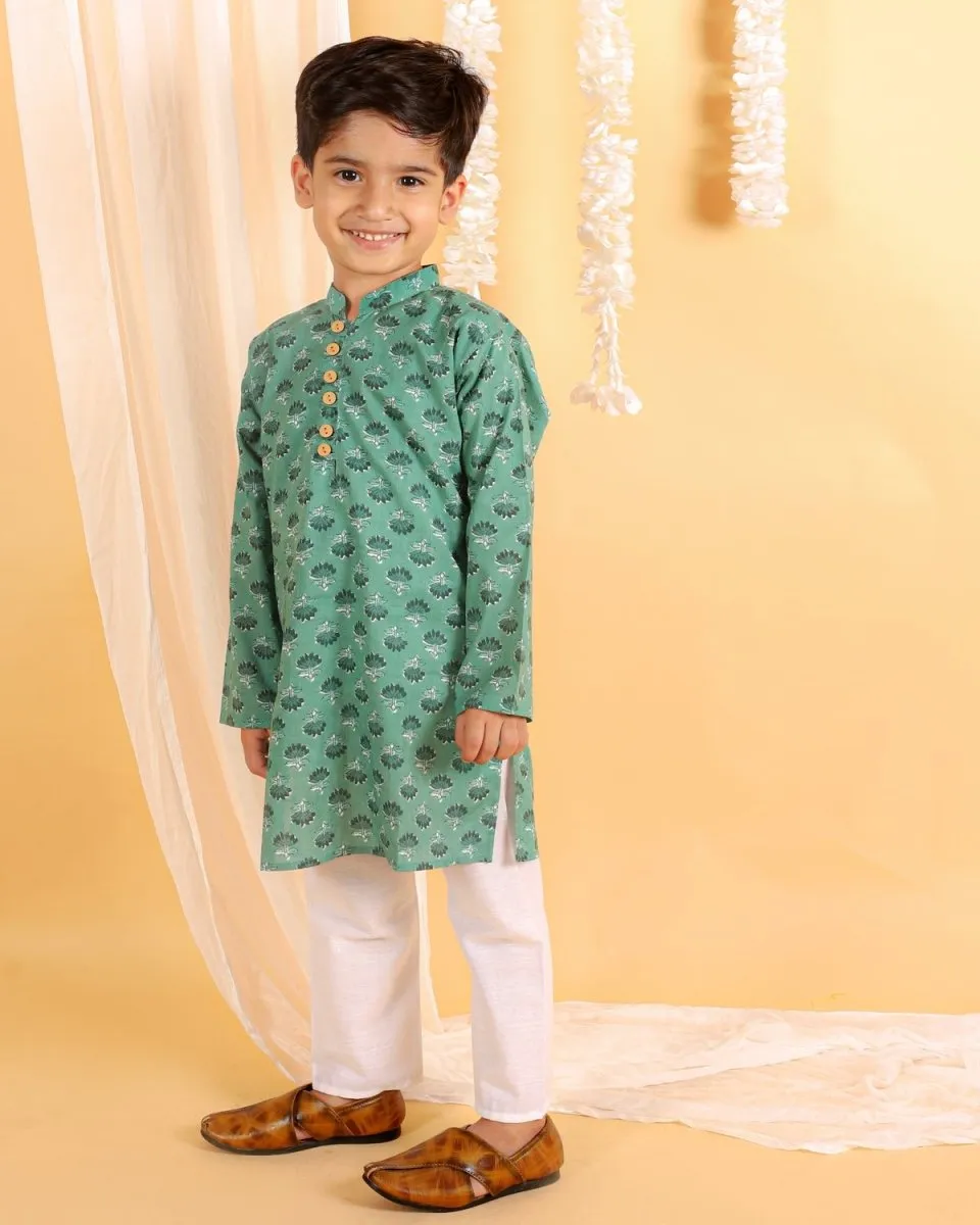 Kids Ethnic Set- Viridian Green Girls Anarkali Sharara Set with Boys Kurta Pajama Set