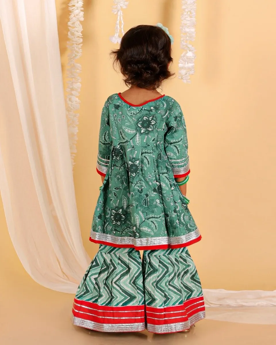 Kids Ethnic Set- Viridian Green Girls Anarkali Sharara Set with Boys Kurta Pajama Set