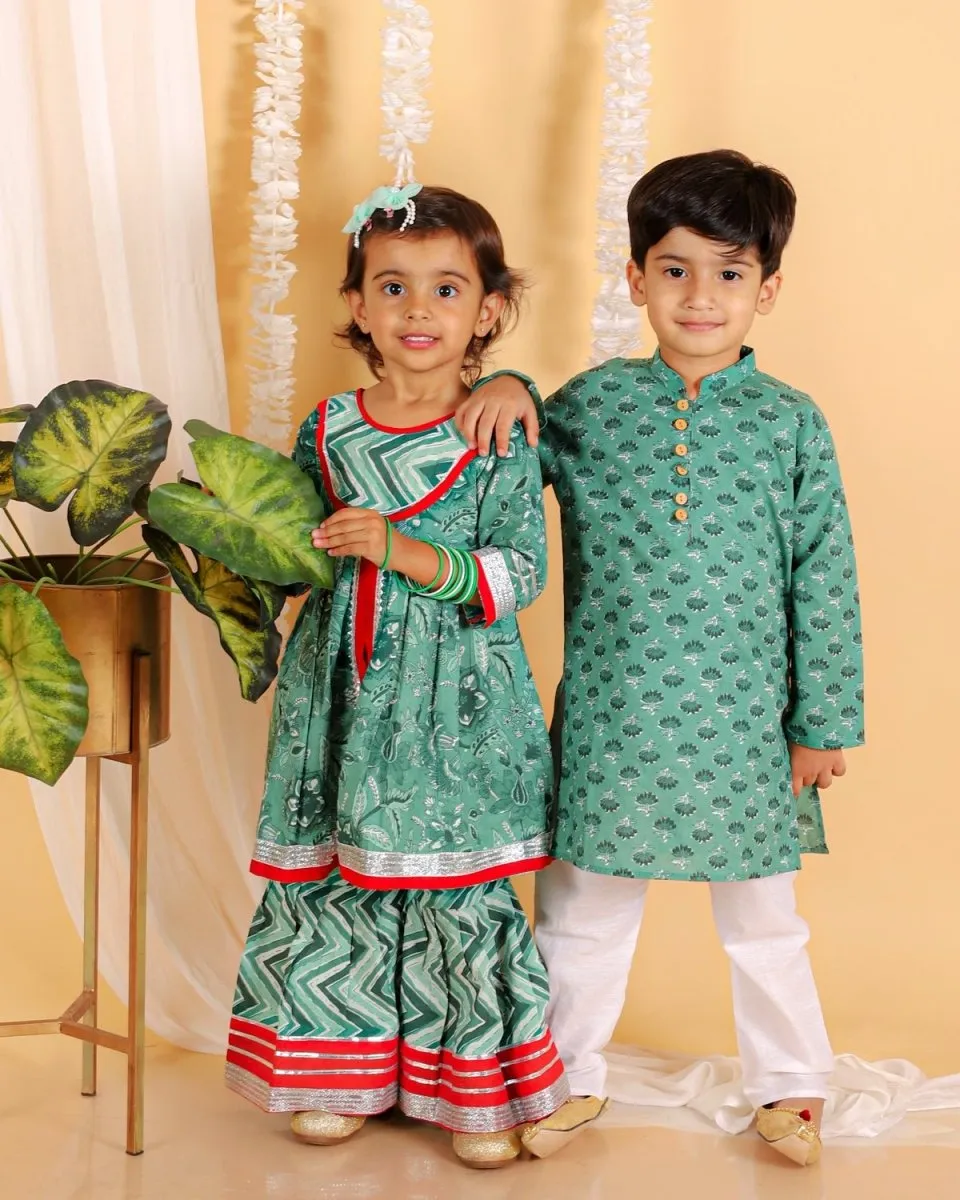 Kids Ethnic Set- Viridian Green Girls Anarkali Sharara Set with Boys Kurta Pajama Set