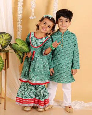 Kids Ethnic Set- Viridian Green Girls Anarkali Sharara Set with Boys Kurta Pajama Set