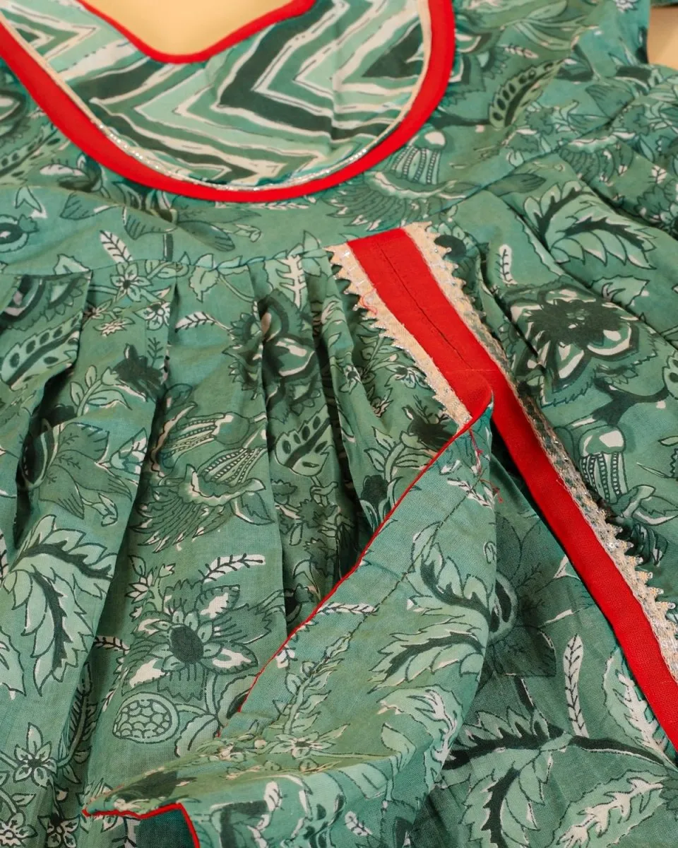 Kids Ethnic Set- Viridian Green Girls Anarkali Sharara Set with Boys Kurta Pajama Set