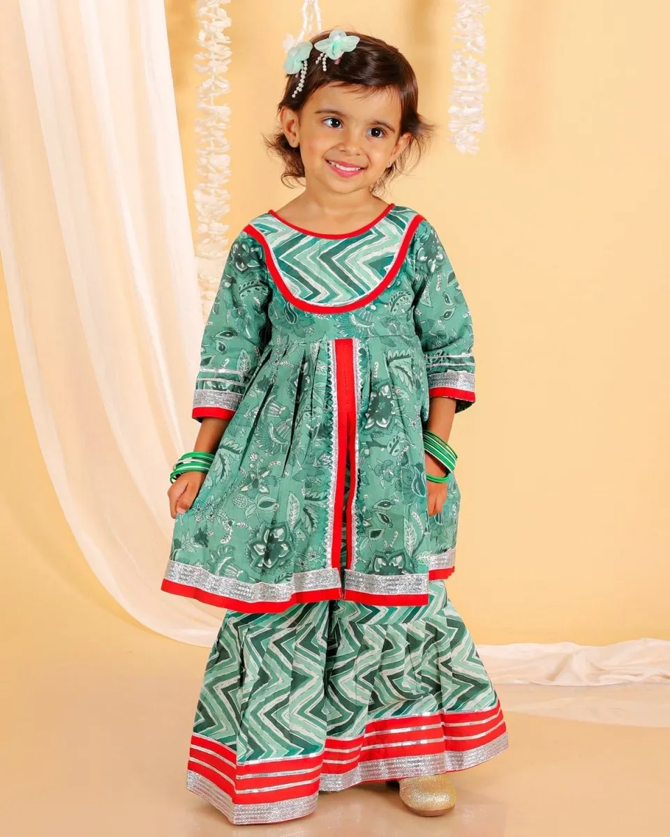 Kids Ethnic Set- Viridian Green Girls Anarkali Sharara Set with Boys Kurta Pajama Set