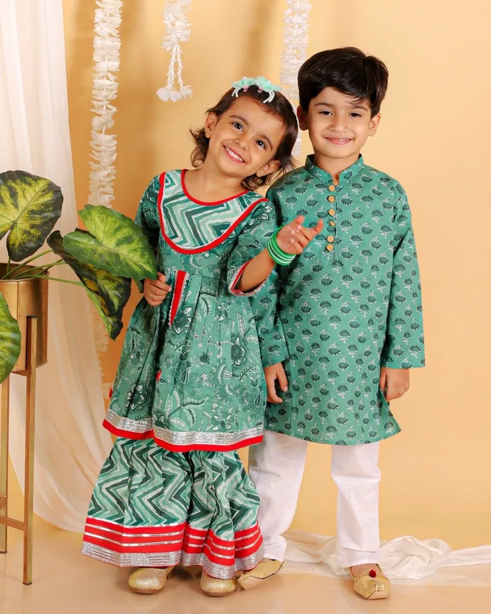 Kids Ethnic Set- Viridian Green Girls Anarkali Sharara Set with Boys Kurta Pajama Set