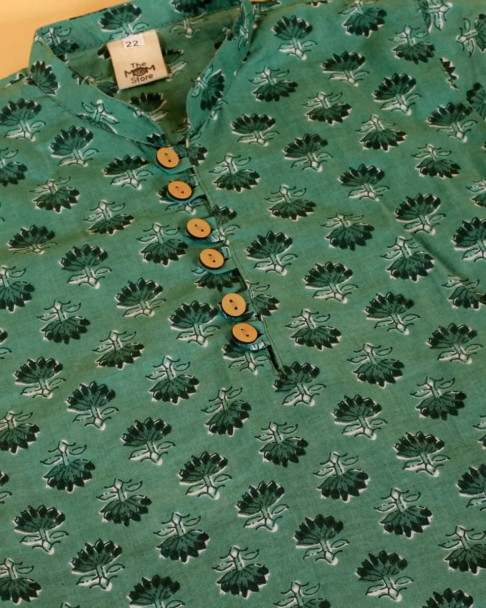 Kids Ethnic Set- Viridian Green Girls Anarkali Sharara Set with Boys Kurta Pajama Set
