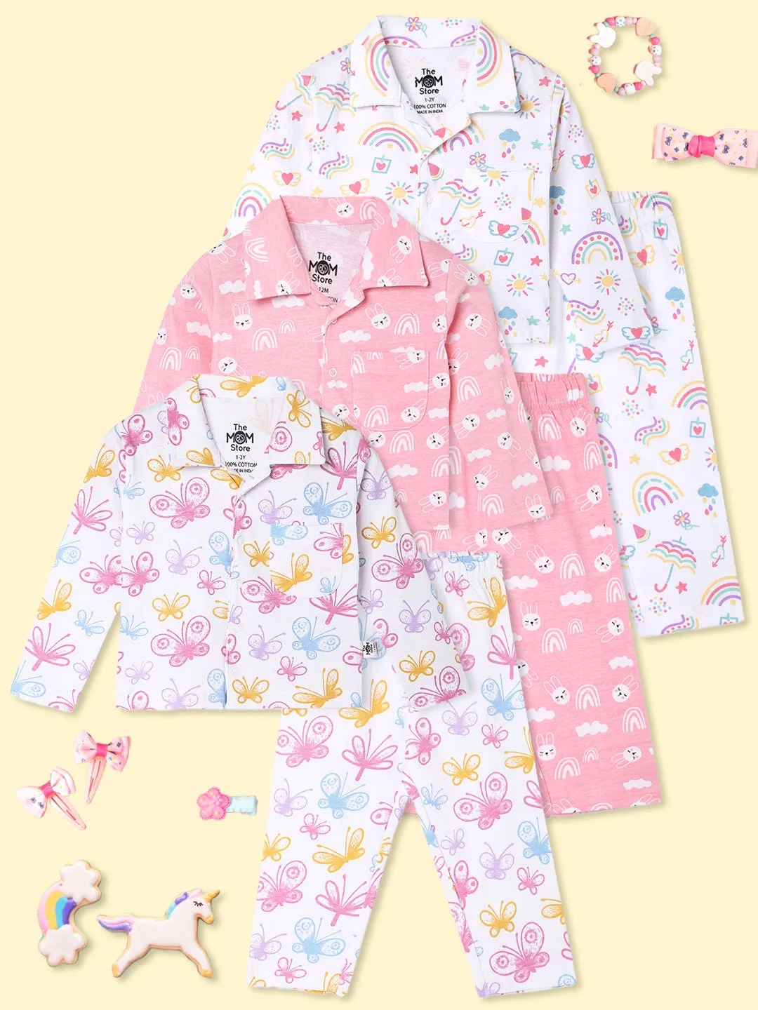 Kids Pajama Set Combo of 3-Spring Wings, Sunshine & Rainbow & Cutey Bunny