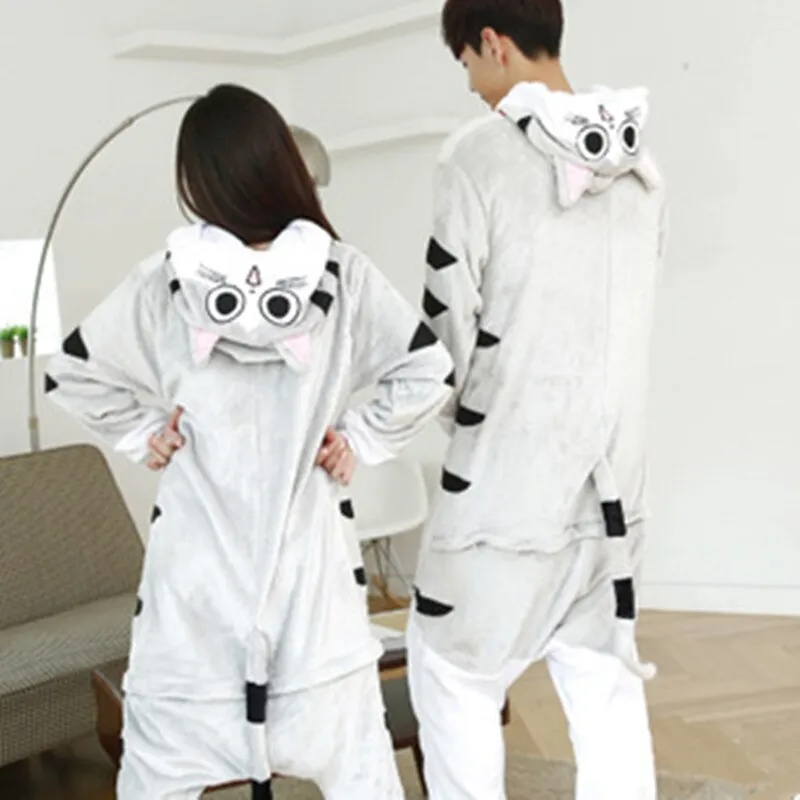 Kigurumi Cheese Cat Onesies Flannel Winter Cartoon Footed Animal Adult Pajamas Family Party Cosplay Costumes Best Gift