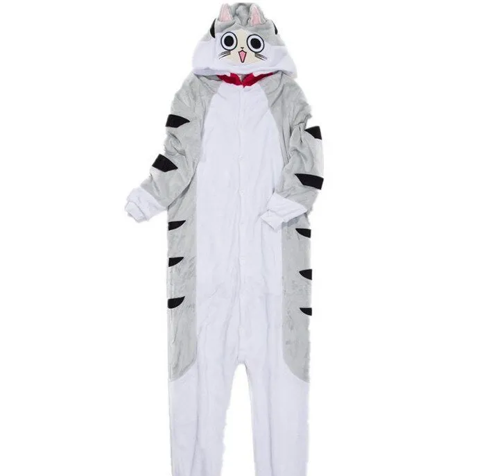 Kigurumi Cheese Cat Onesies Flannel Winter Cartoon Footed Animal Adult Pajamas Family Party Cosplay Costumes Best Gift