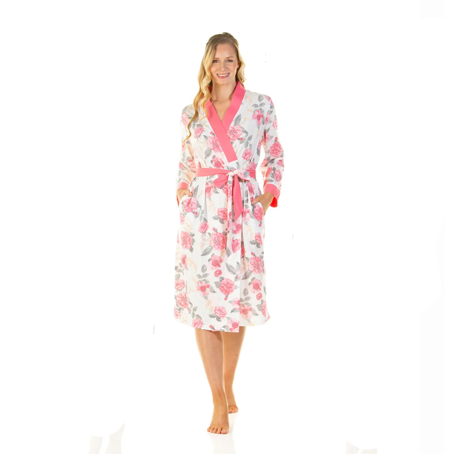 Lady Olga Long Sleeve Rose Print Wrap Dressing Gown 45"