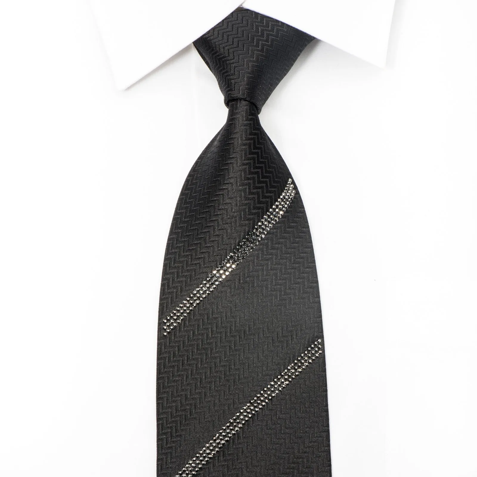 Lalanta Men's Black Silk Tie Striped Jet Black Rhinestones On Herringbone Silk