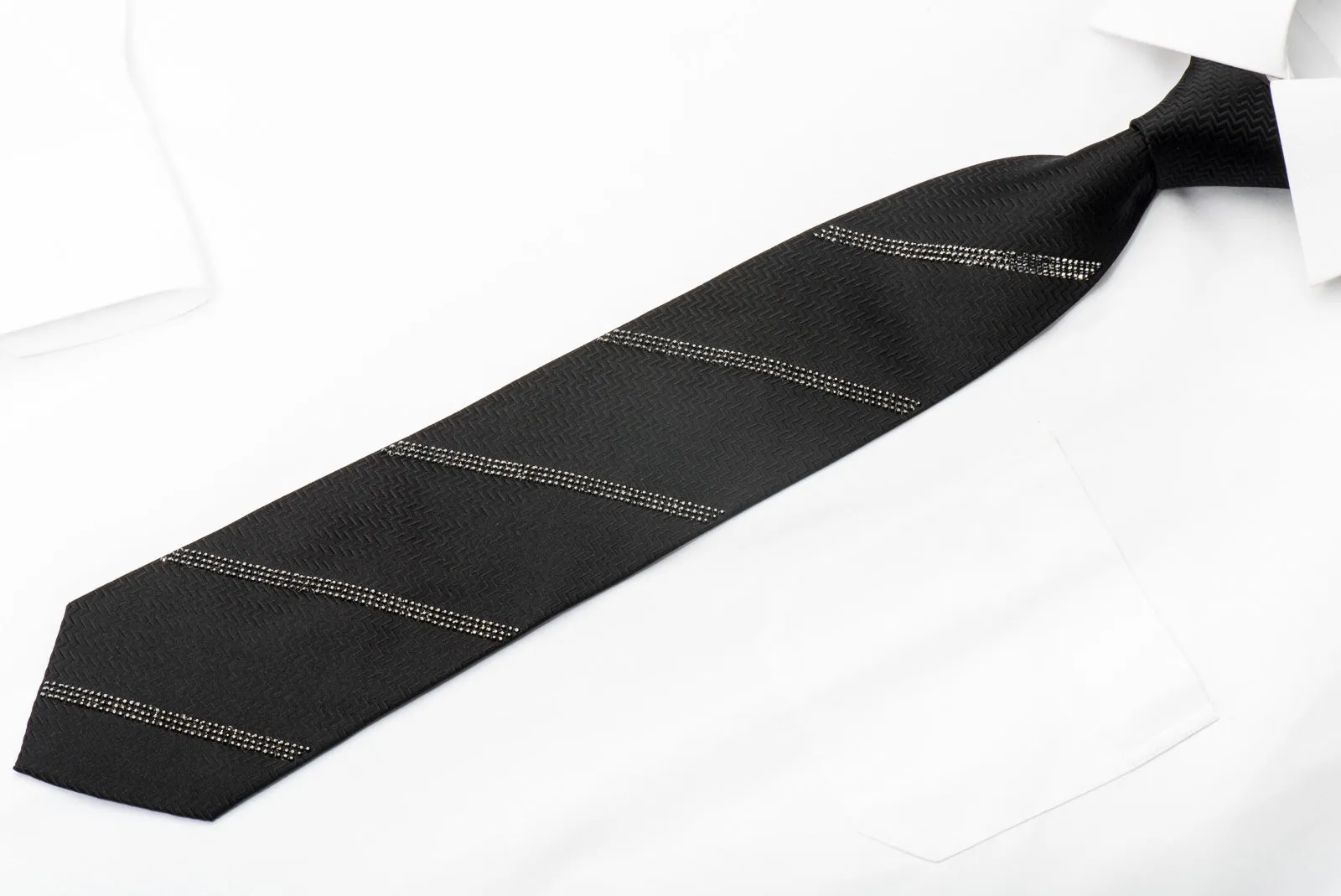 Lalanta Men's Black Silk Tie Striped Jet Black Rhinestones On Herringbone Silk