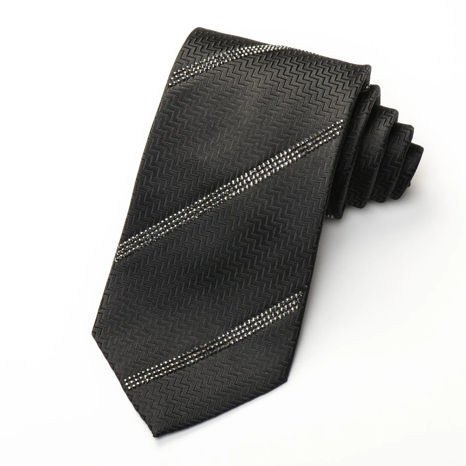 Lalanta Men's Black Silk Tie Striped Jet Black Rhinestones On Herringbone Silk