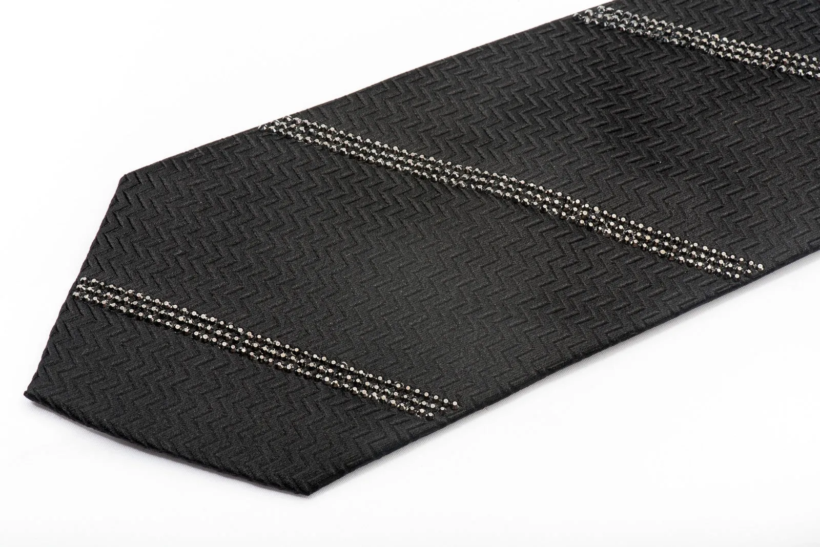 Lalanta Men's Black Silk Tie Striped Jet Black Rhinestones On Herringbone Silk