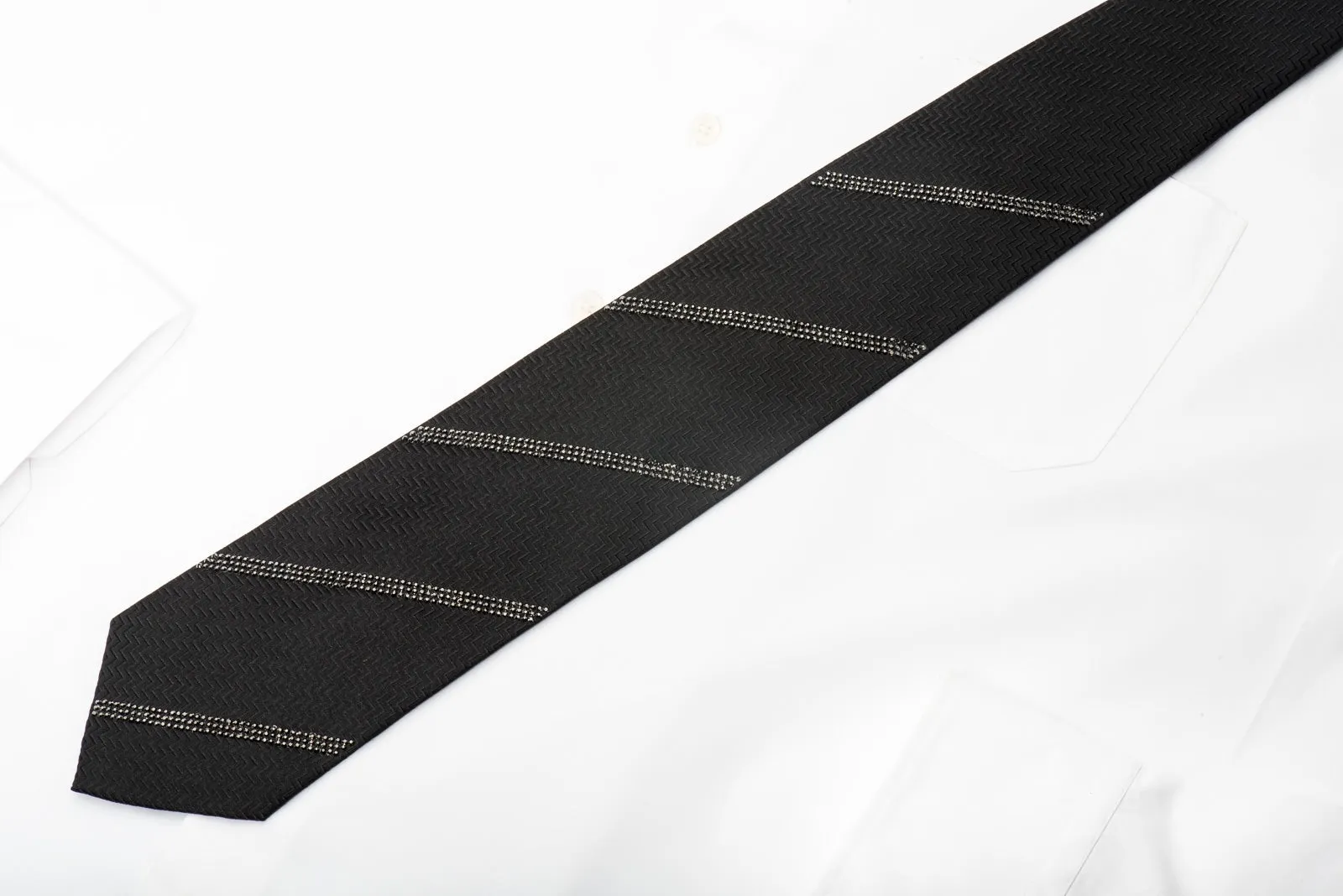 Lalanta Men's Black Silk Tie Striped Jet Black Rhinestones On Herringbone Silk