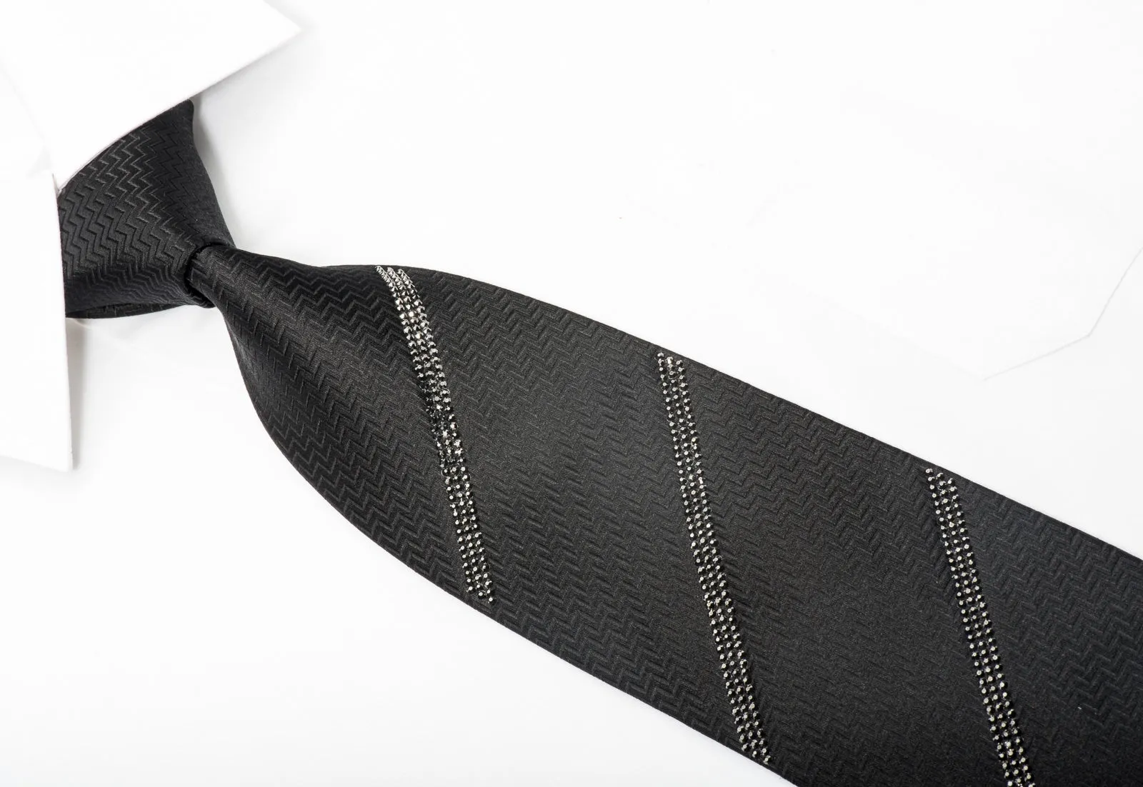 Lalanta Men's Black Silk Tie Striped Jet Black Rhinestones On Herringbone Silk