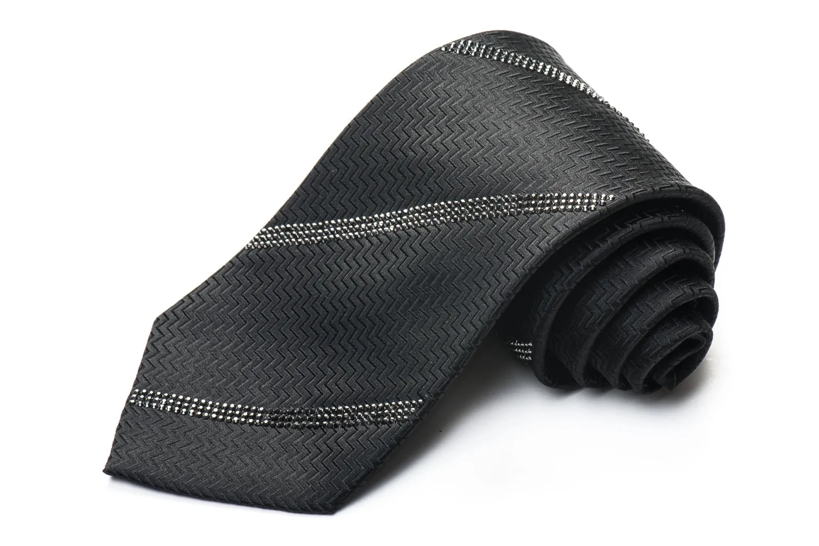 Lalanta Men's Black Silk Tie Striped Jet Black Rhinestones On Herringbone Silk