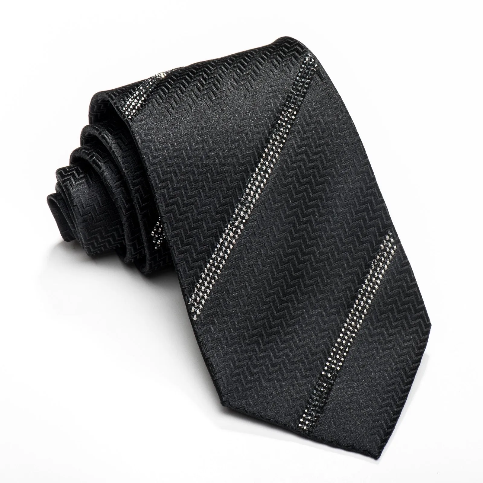 Lalanta Men's Black Silk Tie Striped Jet Black Rhinestones On Herringbone Silk