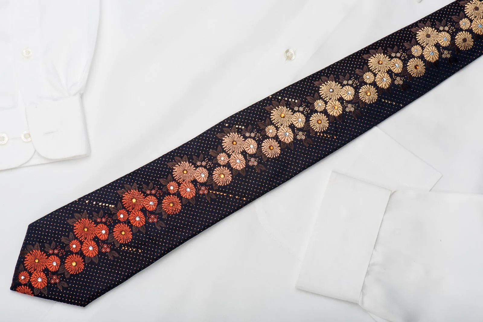 Lancetti Rhinestone Silk Necktie Golden Orange Floral On Navy With Gold Sparkles