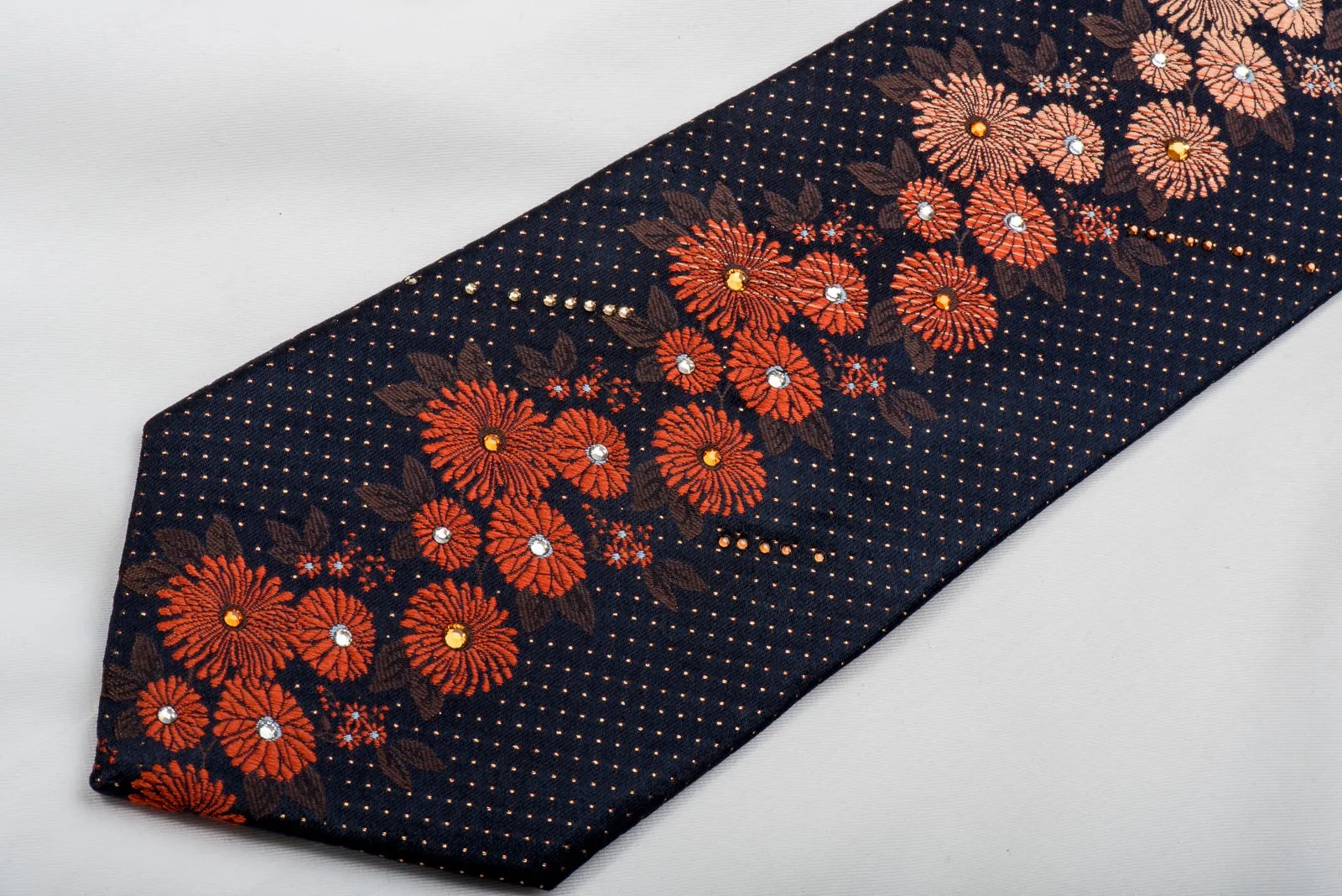 Lancetti Rhinestone Silk Necktie Golden Orange Floral On Navy With Gold Sparkles