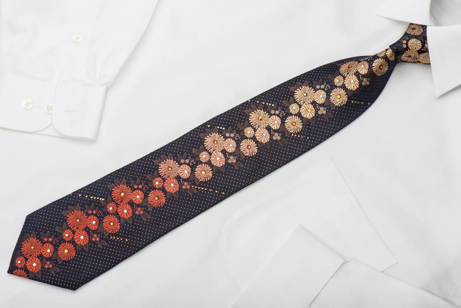 Lancetti Rhinestone Silk Necktie Golden Orange Floral On Navy With Gold Sparkles