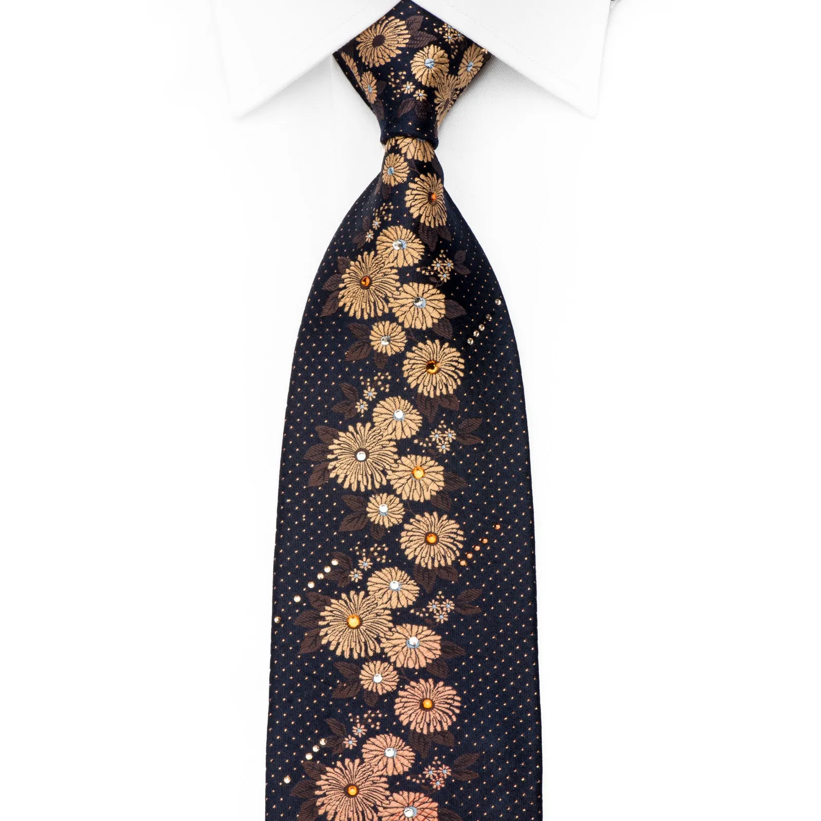 Lancetti Rhinestone Silk Necktie Golden Orange Floral On Navy With Gold Sparkles