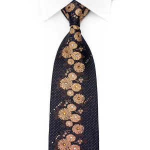 Lancetti Rhinestone Silk Necktie Golden Orange Floral On Navy With Gold Sparkles
