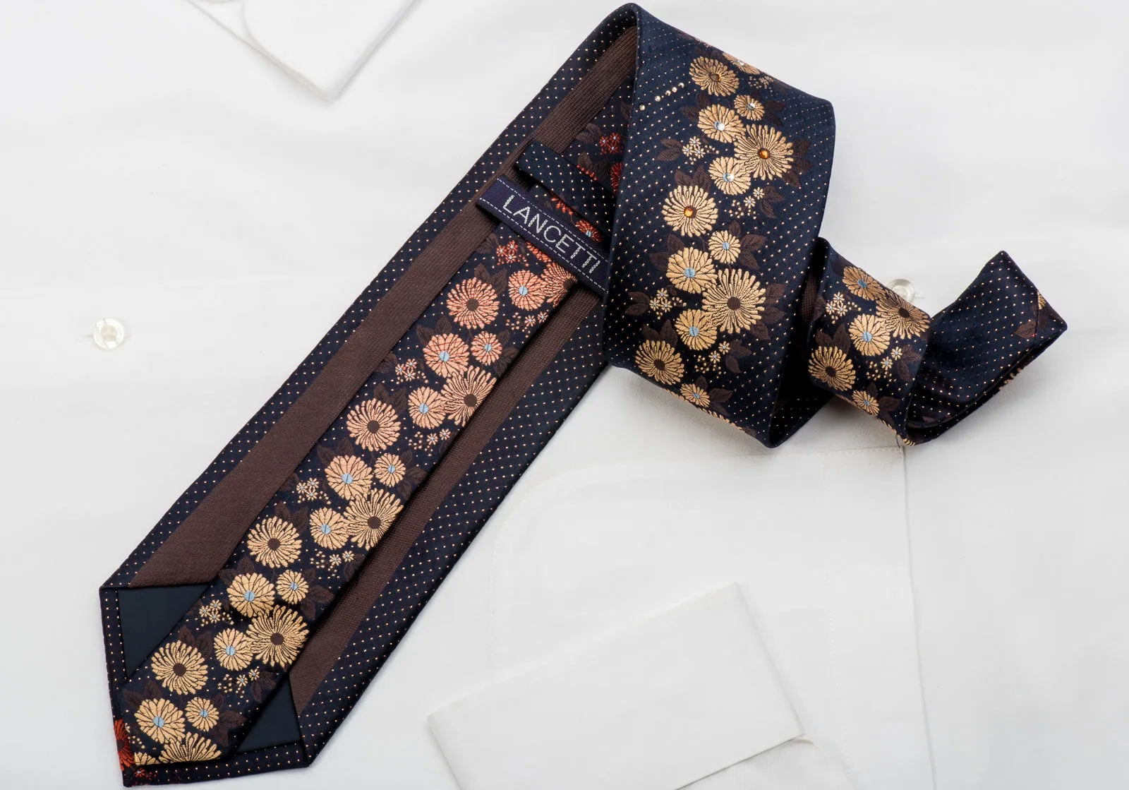 Lancetti Rhinestone Silk Necktie Golden Orange Floral On Navy With Gold Sparkles