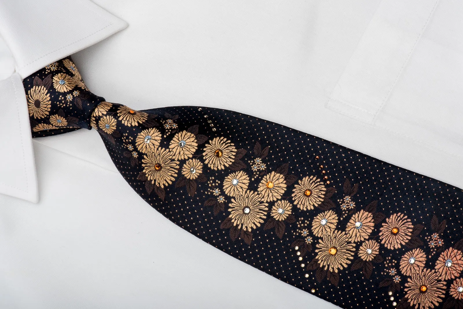 Lancetti Rhinestone Silk Necktie Golden Orange Floral On Navy With Gold Sparkles