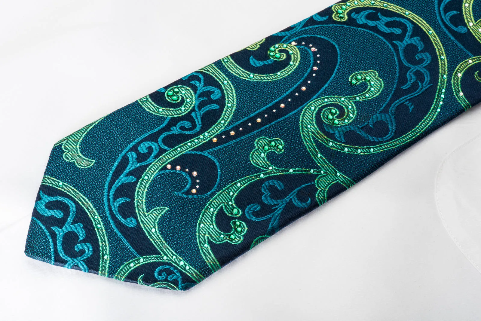 Lancetti Rhinestone Woven Silk Necktie Scrolls On Emerald Green With Silver Sparkles