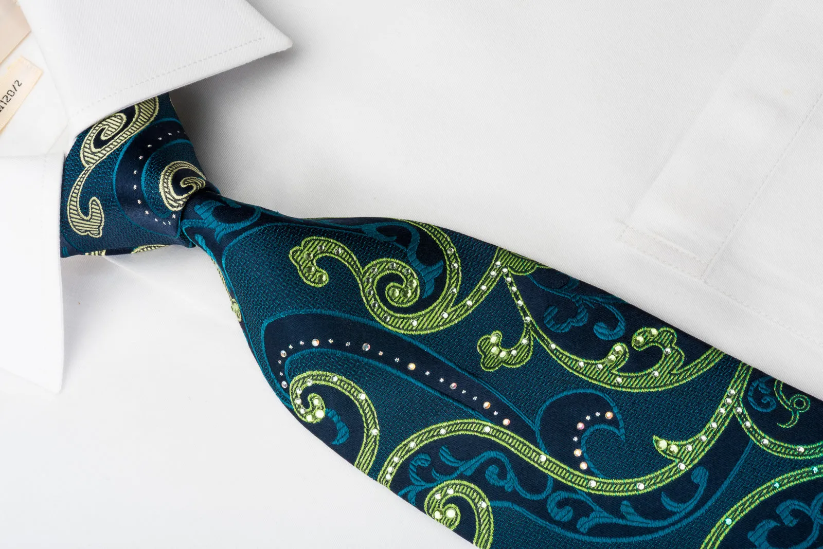 Lancetti Rhinestone Woven Silk Necktie Scrolls On Emerald Green With Silver Sparkles