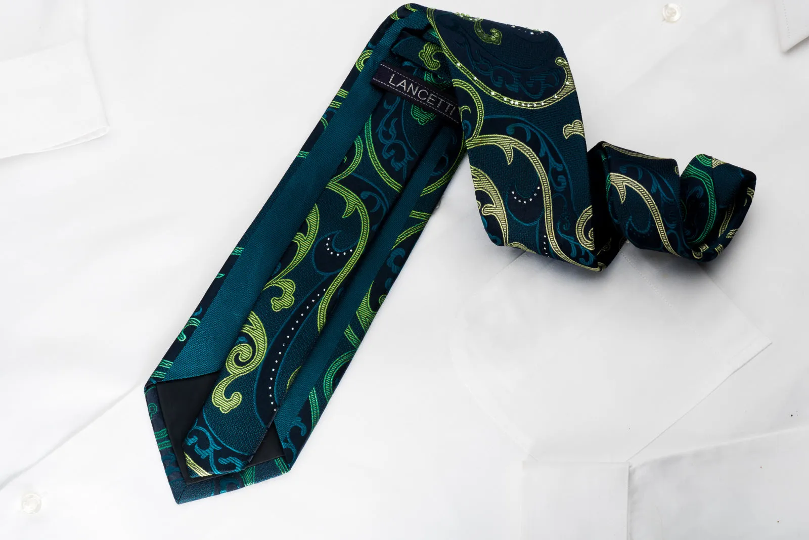 Lancetti Rhinestone Woven Silk Necktie Scrolls On Emerald Green With Silver Sparkles