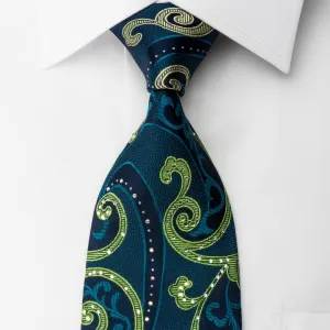 Lancetti Rhinestone Woven Silk Necktie Scrolls On Emerald Green With Silver Sparkles