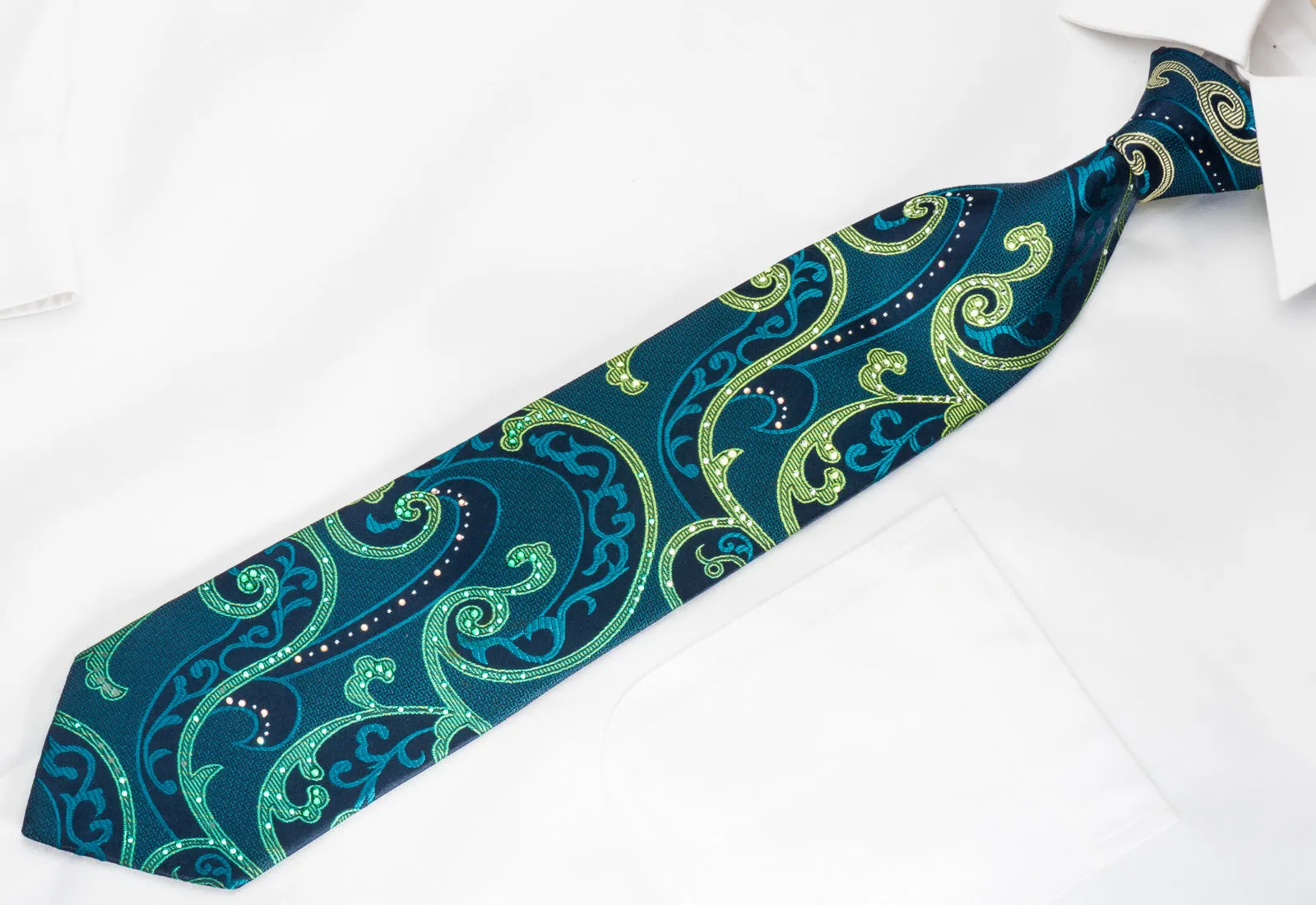 Lancetti Rhinestone Woven Silk Necktie Scrolls On Emerald Green With Silver Sparkles